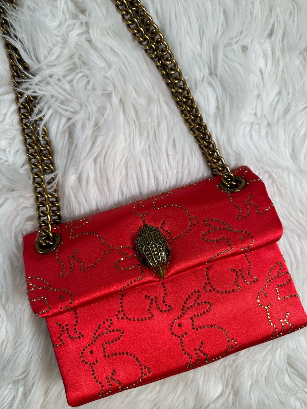Kurt Geiger • Red Satin Kensington with Rabbit Print Glass Rhinestones Purse - Picture 9 of 17